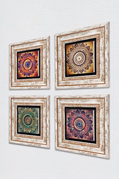 Pinecone Pictură pe perete cu piatră Mandala Decor de perete înrămat Set de pictură 4 piese Artă de perete TK4-1086
