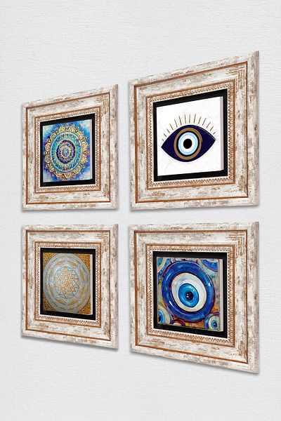 Pinecone Evil Eye, Mandala, Sri Yantra Stone Wall Painting Framed Wall Decor 4 Piece Painting Set Tk4-1620