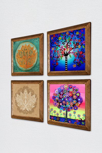 Pinecone Floarea Lotusului, Arborele Vieții Pictură pe perete din piatră cu cadru din lemn Decor de perete Set de pictură 4 piese W4-675
