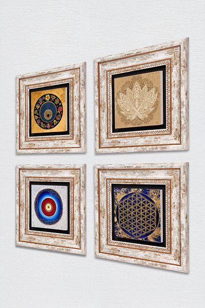 Pinecone Lotus Flower, Flower of Life, Evil Eye Stone Wall Painting Framed Wall Decor Set of 4 Painting Tk4-814