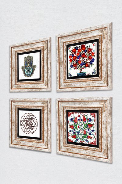 Pinecone Tulip, Sri Yantra, Pomegranate Tree, Fatma Mother Hand (Hamsa) Stone Wall Painting Framed Wall Decor 4 Pieces