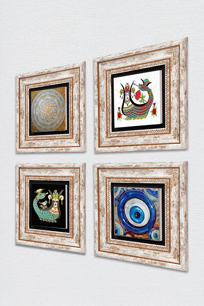 Pinecone Evil Eye, Sri Yantra, Shahmeran Stone Wall Painting Framed Wall Decor 4 Piece Painting Set Tk4-1521