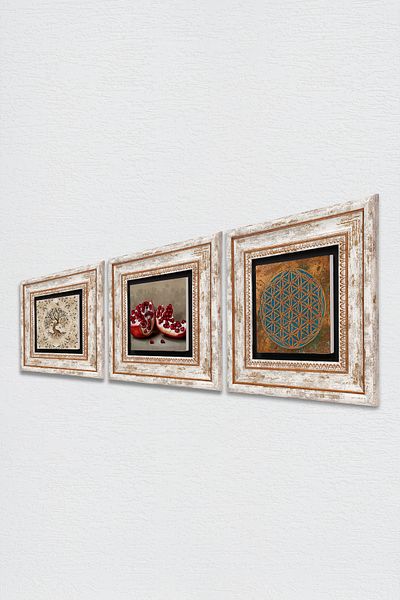 Pinecone Flower of Life, Tree of Life, Pomegranate Stone Wall Painting Framed Wall Decor 3 Piece Painting Set Tk3-953