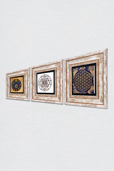 Pinecone Sri Yantra, Flower of Life, Evil Eye Stone Wall Table Framed Wall Decor Set of 3 TK3-365