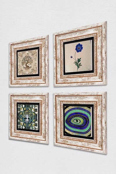 Pinecone Evil Eye, Marbling Art, Tree of Life Stone Wall Painting Framed Wall Decor 4 Piece Painting Set Tk4-1032