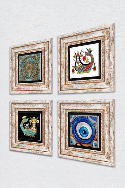 Pinecone Evil Eye, Flower of Life, Shahmeran Stone Wall Painting Framed Wall Decor 4 Piece Painting Set Tk4-1528