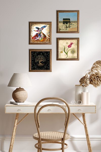 Pinecone Tree of Life, Tulip, Kaaba-I Muazzama, Whirling Dervish Stone Wall Painting Wooden Framed Wall Decoration 4-Piece Painting