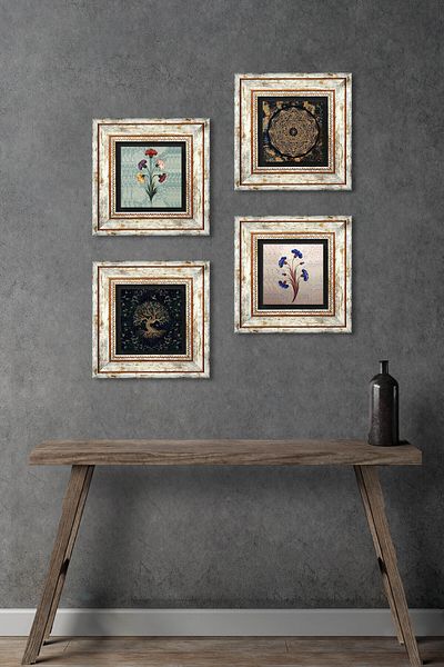 Pinecone Marbling Art, Sri Yantra, Tree of Life Stone Wall Painting Πλαίσιο Διακόσμηση τοίχου 4 τεμαχίων Σετ τοίχου