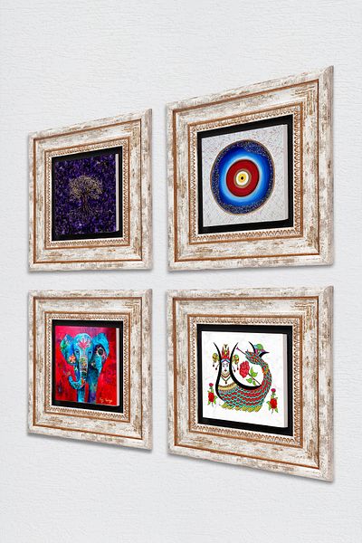 Pinecone Evil Eye, Tree of Life, Elephant, Shahmeran Stone Wall Painting Framed Wall Decor Set of 4 Painting Tk4-1150