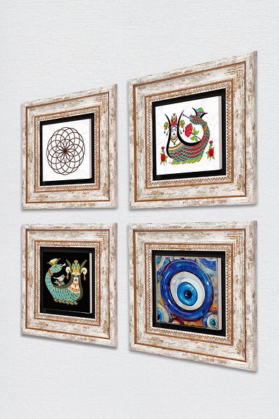 Pinecone Evil Eye, Flower of Life, Shahmeran Stone Wall Painting Πλαίσιο Διακόσμηση τοίχου 4 τεμαχίων Σετ ζωγραφικής TK4-1526