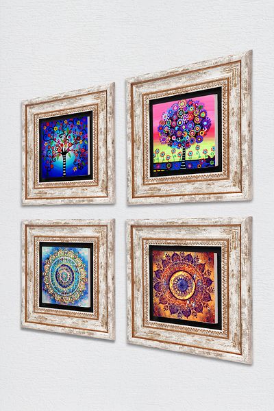 Pinecone Mandala, Tree of Life Stone Wall Painting Framed Wall Decor 4 Piece Painting Set Wall Art Tk4-846