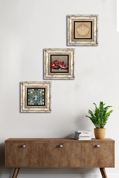 Pinecone Δέντρο της ζωής, Λουλούδι Lotus, Πέτρα Ρόδι Ζωγραφική Τοίχου Κορνίζα Διακόσμηση Τοίχου 3 τεμαχίων Σετ ζωγραφικής TK3-1647
