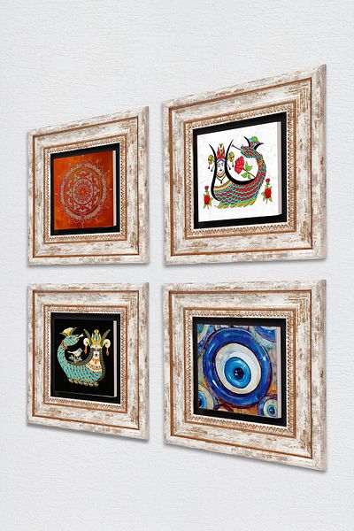 Pinecone Evil Eye, Mandala, Shahmeran Stone Wall Painting Framed Wall Decor 4 Piece Painting Set Tk4-1518