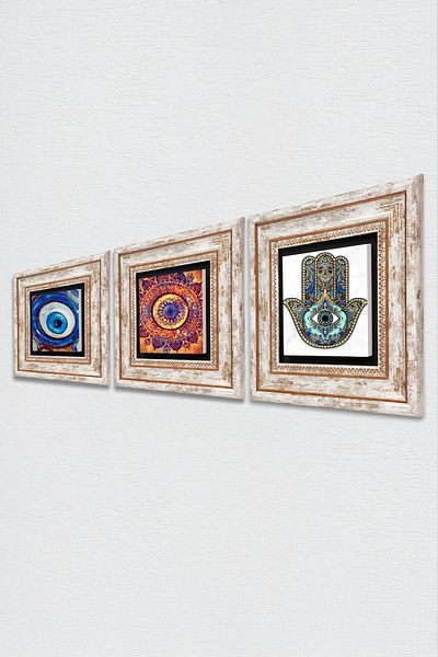 Pinecone Evil Eye, Mandala, Hand of Fatma Mother (Hamsa) Stone Wall Painting Framed Wall Decor 3 Piece Set Tk3-1987