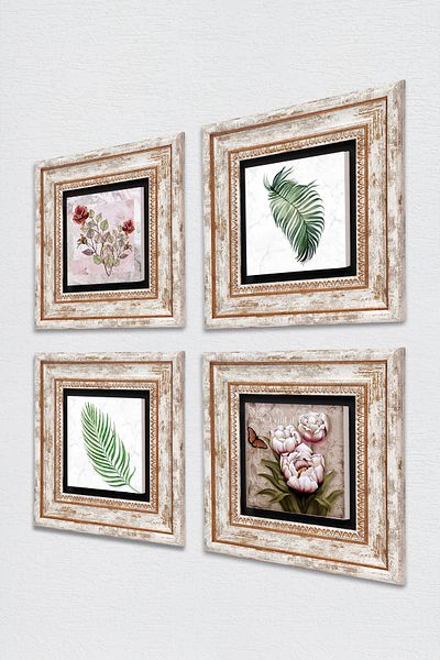 Pinecone Rose, Leaf, Butterfly Flower Stone Wall Painting Framed Wall Decor 4 Piece Painting Set Tk4-1877