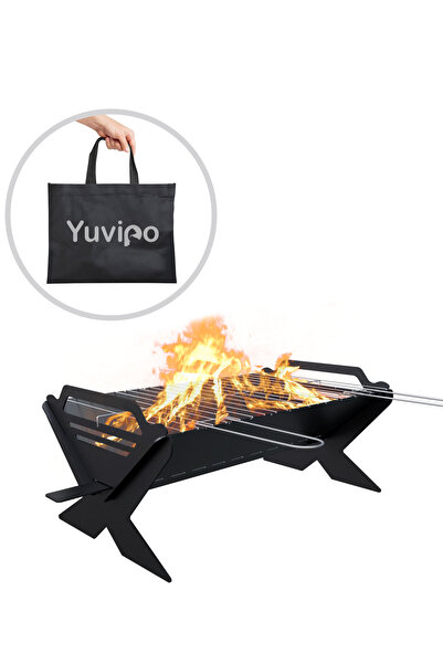 Yuvipo Katlanabilir Çelik Çanta Hediyeli Mangal Şiş Bölmeli Portatif Sağlam Izgara