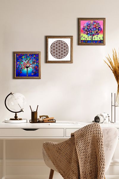 Pinecone Flower of Life, Tree of Life Stone Wall Painting Wood Framed Wall Decor 3 Piece Painting Set W3-340