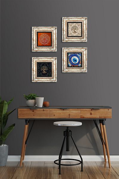Pinecone Evil Eye, Mandala, Tree of Life Stone Wall Painting Framed Wall Decor 4 Piece Table Set TK4-1561