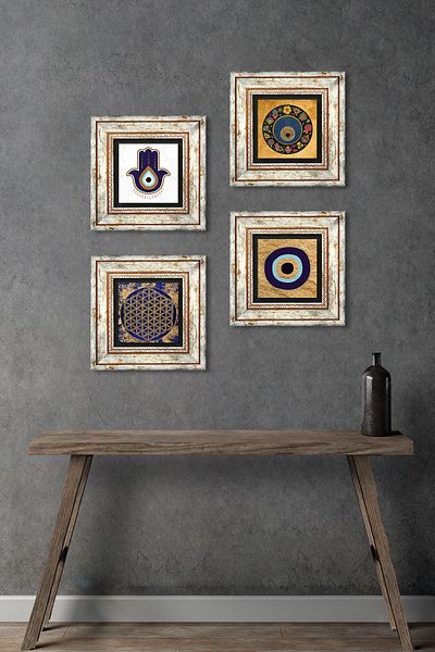 Pinecone Fatma Ana Hand (Hamsa), Floarea Vieții, Pictură pe perete cu piatră de ochi rău Set de 4 decorațiuni de perete înrămate TK4-1822