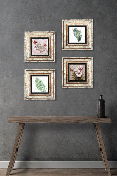 Pinecone Rose, Leaf, Butterfly Flower Stone Wall Painting Framed Wall Decor 4 Piece Painting Set Tk4-1877