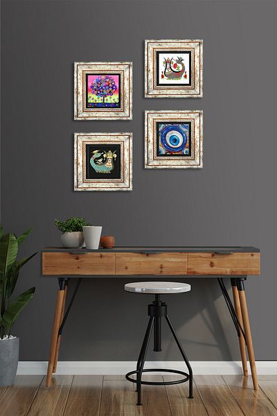 Pinecone Evil Eye, Tree of Life, Shahmeran Stone Wall Painting Framed Wall Decor 4 Piece Painting Set Tk4-1507