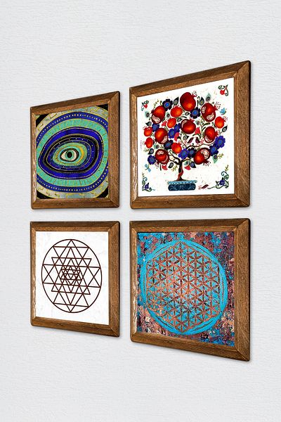 Pinecone Evil Eye, Floarea Vieții, Sri Yantra, Pictură pe perete din piatră de pom de rodie Decor de perete cu rame din lemn Pictură din 4 piese