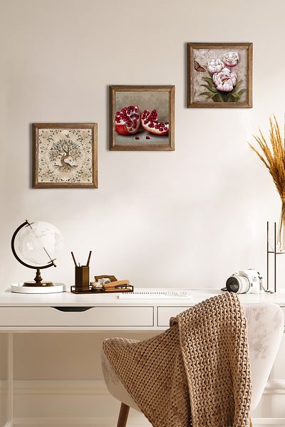 Pinecone Butterfly Flower, Tree of Life, Pomegranate Stone Wall Art Wall Decor Painting Set with Wooden Frame W3-900
