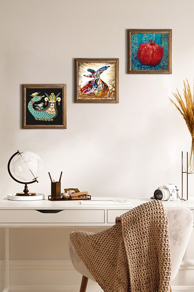 Pinecone Fertility Prayer, Shahmeran, Whirling Dervish Stone Wall Painting with Wooden Frame Wall Decor 3 Piece Painting Set