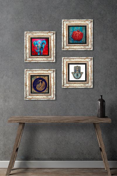 Pinecone Elephant, Peacock, Pomegranate, Fatma Mother Hand Stone Wall Painting Framed Wall Decor Set of 4 Painting Tk4-292