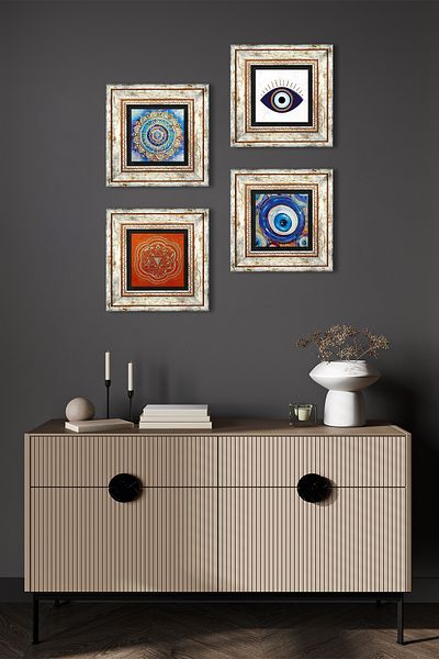 Pinecone Evil Eye, Mandala, Sri Yantra Stone Wall Painting Framed Wall Decor 4 Piece Table Set TK4-1619