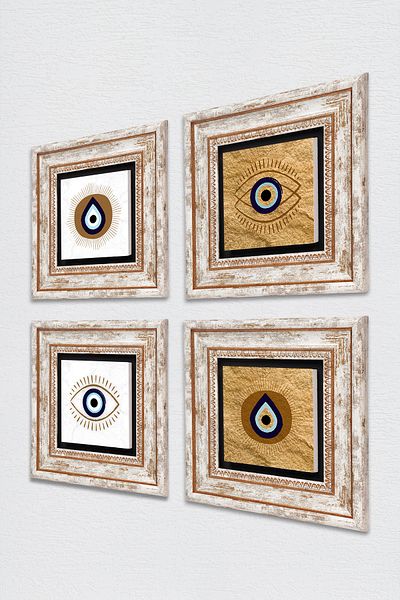 Pinecone Evil Eye Stone Wall Painting Framed Wall Decor 4 Piece Painting Set Wall Art Tk4-1078