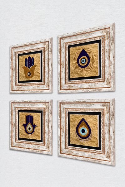 Pinecone Fatma Mother Hand (Hamsa), Nazar Stone Wall Painting Framed Wall Decor 4 Piece Painting Set Tk4-1071
