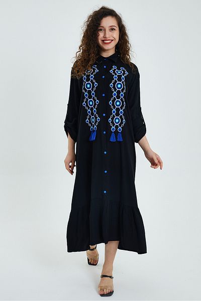 AYASOFYA OTANTIK Women's Black Evil Eye Bead Embroidery Embroidered Shirt Dress