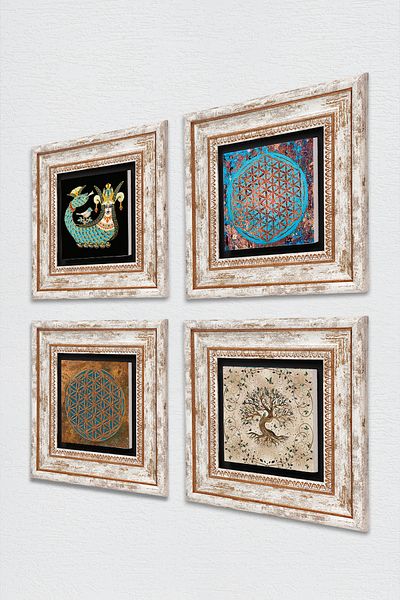 Pinecone Flower of Life, Shammeran, Tree of Life Stone Wall Painting Framed Wall Decor 4-Piece Table Set TK4-444