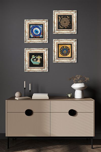 Pinecone Sri Yantra, Evil Eye, Shahmeran Stone Wall Painting Framed Wall Decor 4 Piece Painting Set Tk4-1221