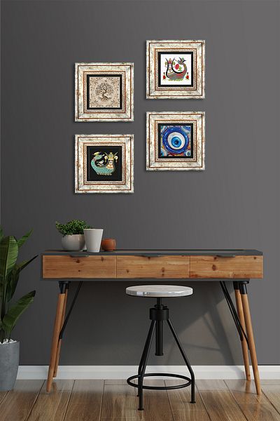 Pinecone Evil Eye, Shahmeran, Tree of Life Stone Wall Painting Framed Wall Decor 4 Piece Painting Set Tk4-1510