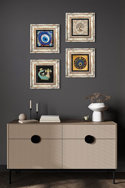 Pinecone Evil Eye, Shahmeran, Tree of Life Stone Wall Painting Framed Wall Decor 4 Piece Table Set TK4-1205
