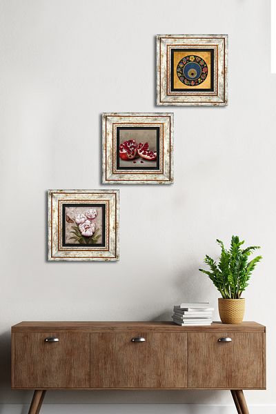 Pinecone Evil Eye Bead, Butterfly Flower, Pomegranate Stone Wall Painting Framed Wall Decor Set of 3 Painting Tk3-1226
