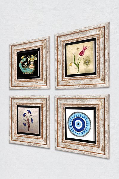 Pinecone Evil Eye, Marbling Art, Tulip, Shahmeran Stone Wall Painting Framed Wall Decor Set of 4 Painting Tk4-993