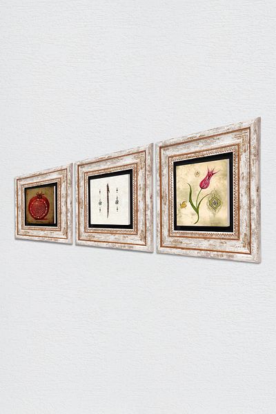 Pinecone Tulip Marbling Art, Elif, Prayer of Fertility Stone Wall Painting Framed Wall Decor 3 Piece Set Wall Art