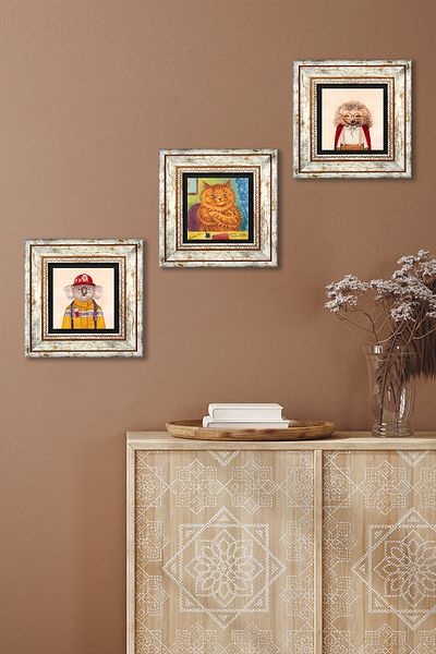Pinecone Louis Wain Cats, Hedgehog, Koala Stone Wall Painting Framed Wall Decor Set of 3 Painting Tk3-1871