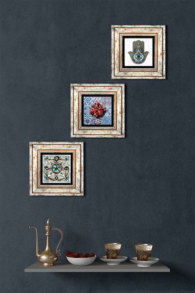 Pinecone Arta plăcilor, rodie, mână Fatma (Hamsa) Pictură pe perete din piatră Set de 3 decorațiuni de perete înrămate TK3-102