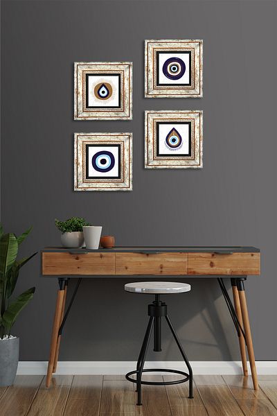 Pinecone Evil Eye Stone Wall Painting Framed Wall Decor 4 Piece Painting Set Wall Art Tk4-1063