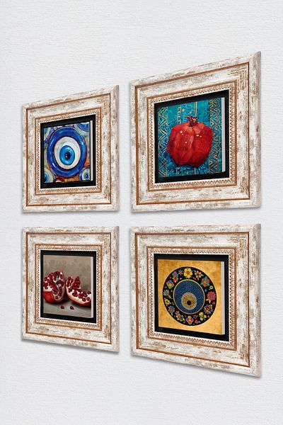 Pinecone Evil Eye, Pomegranate Stone Wall Painting Framed Wall Decor 4 Piece Painting Set Wall Art Tk4-1203