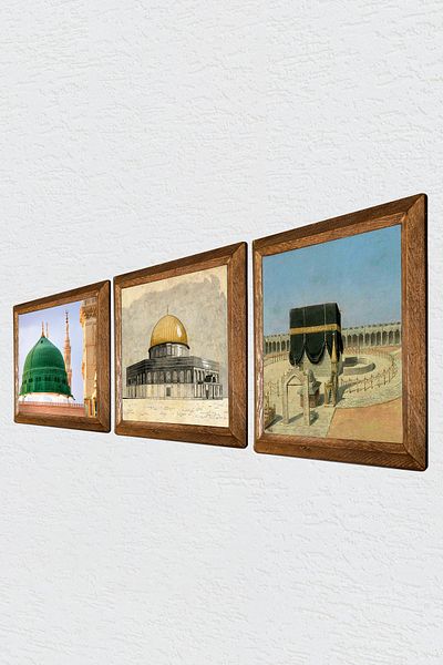 Pinecone Kaaba-I Muazzama, Masjid-I Aqsa, Ravza-I Mutahhara Stone Wall Painting with Wooden Frame Wall Decor