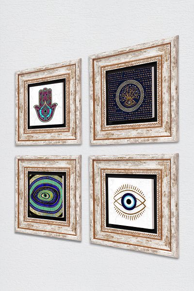 Pinecone Evil Eye, Fatma Mother Hand (Hamsa) Stone Wall Painting Framed Wall Decor 4 Piece Painting Set Tk4-1455