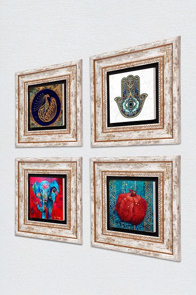 Pinecone Elephant, Peacock, Pomegranate, Fatma Mother Hand Stone Wall Painting Framed Wall Decor Set of 4 Painting Tk4-292