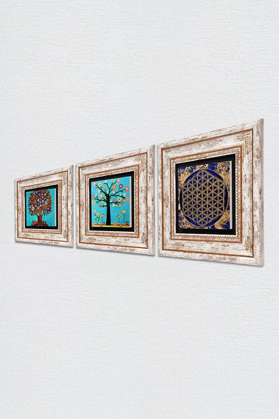 Pinecone Flower of Life, Karla Gerard Tree of Life Stone Wall Painting Framed Wall Decor 3 Piece Set Tk3-338