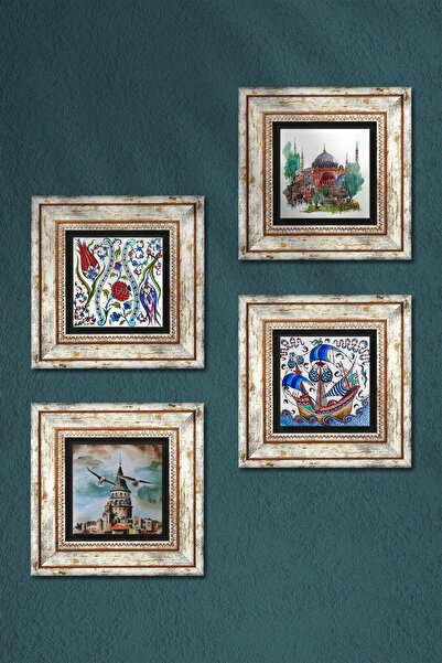 Pinecone Tile Art Sailing Ship, Tulip, Istanbul Hagia Sophia, Galata Tower Stone Painting Framed Wall Decor