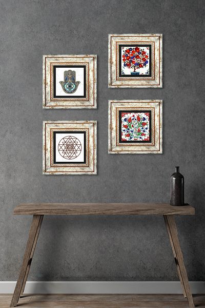 Pinecone Tulip, Sri Yantra, Pomegranate Tree, Fatma Mother Hand (Hamsa) Stone Wall Painting Framed Wall Decor 4 Pieces